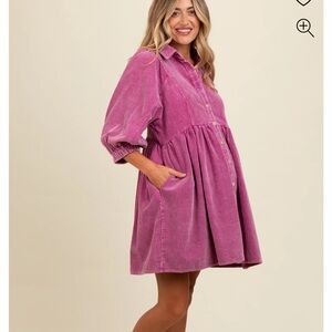 Pink Corduroy Button-Up Dress